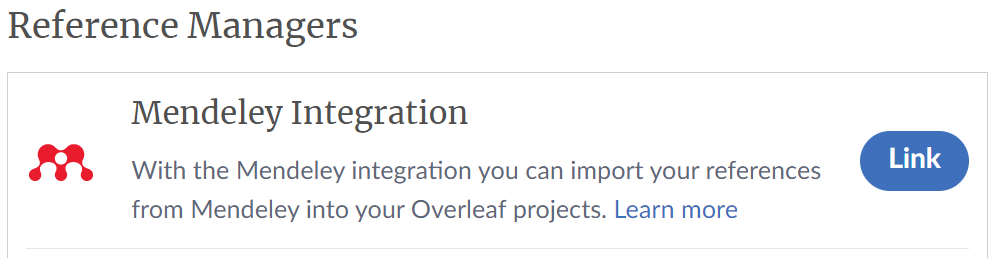 Image showing account setting to link Mendeley to your Overleaf account