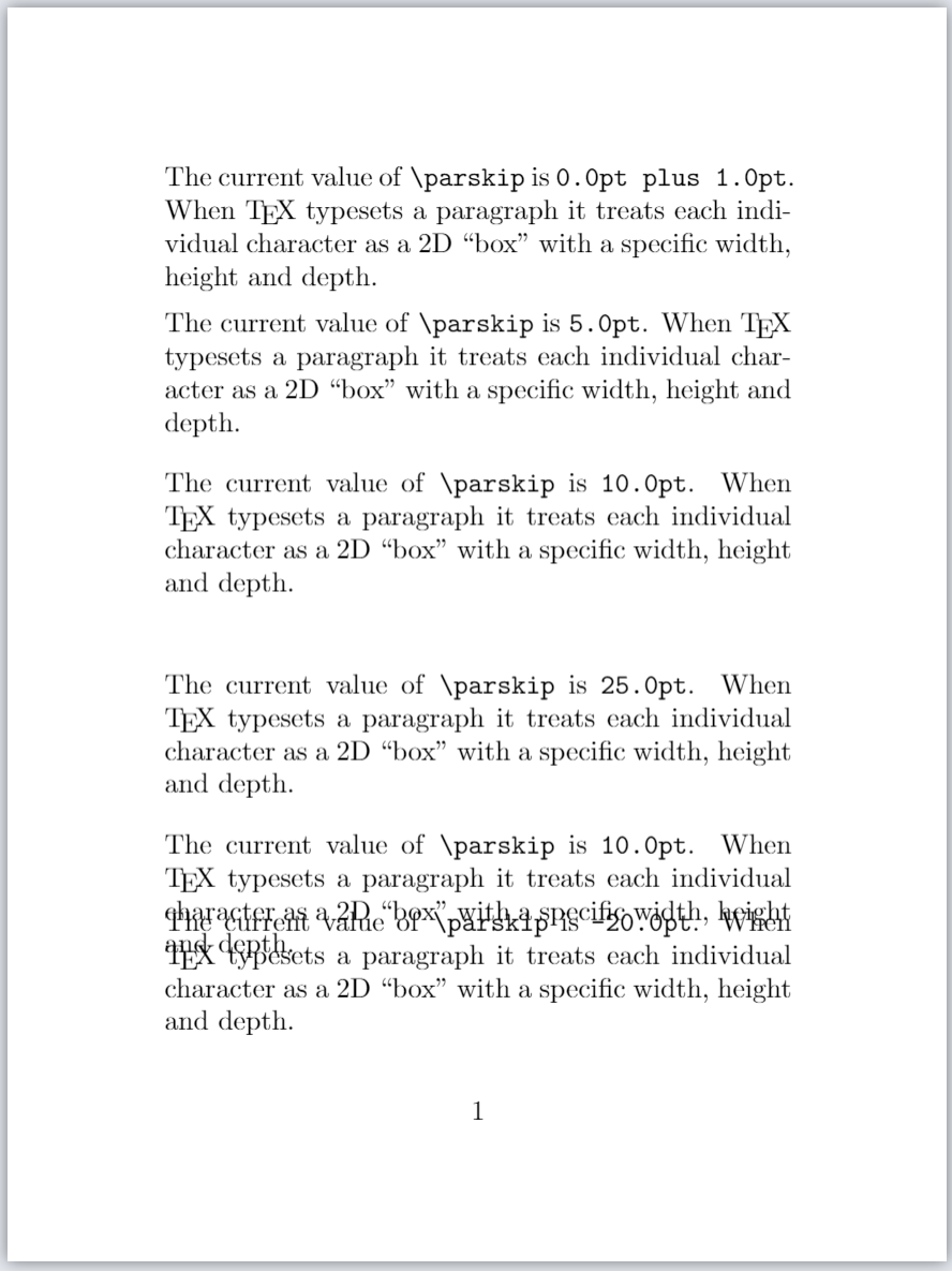 Demonstrating the use of \parskip in LaTeX