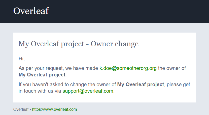 Email to previous Overleaf project owner confirming change of ownership.