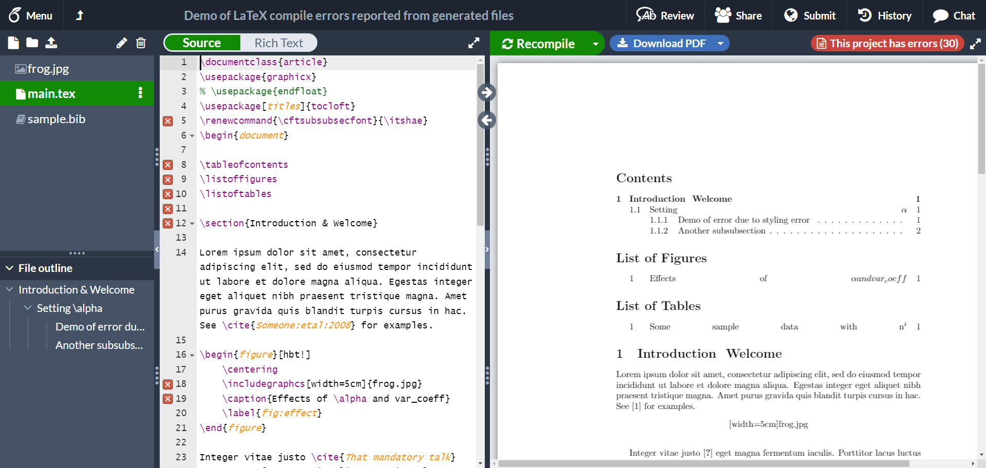 Image showing LaTeX project errors