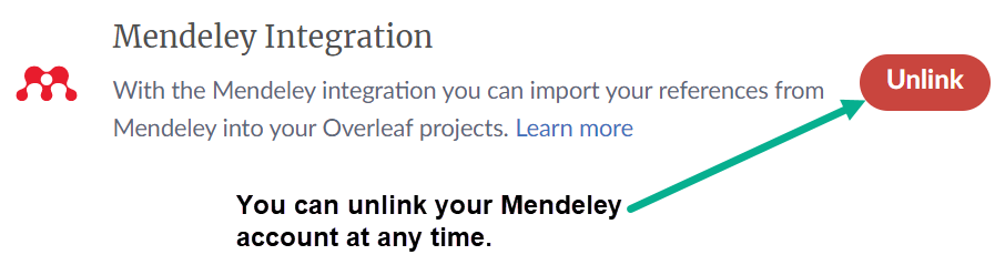 Image showing how to unlink Mendeley from your Overleaf account