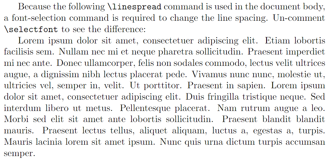 using LaTeX \linespread command in the document