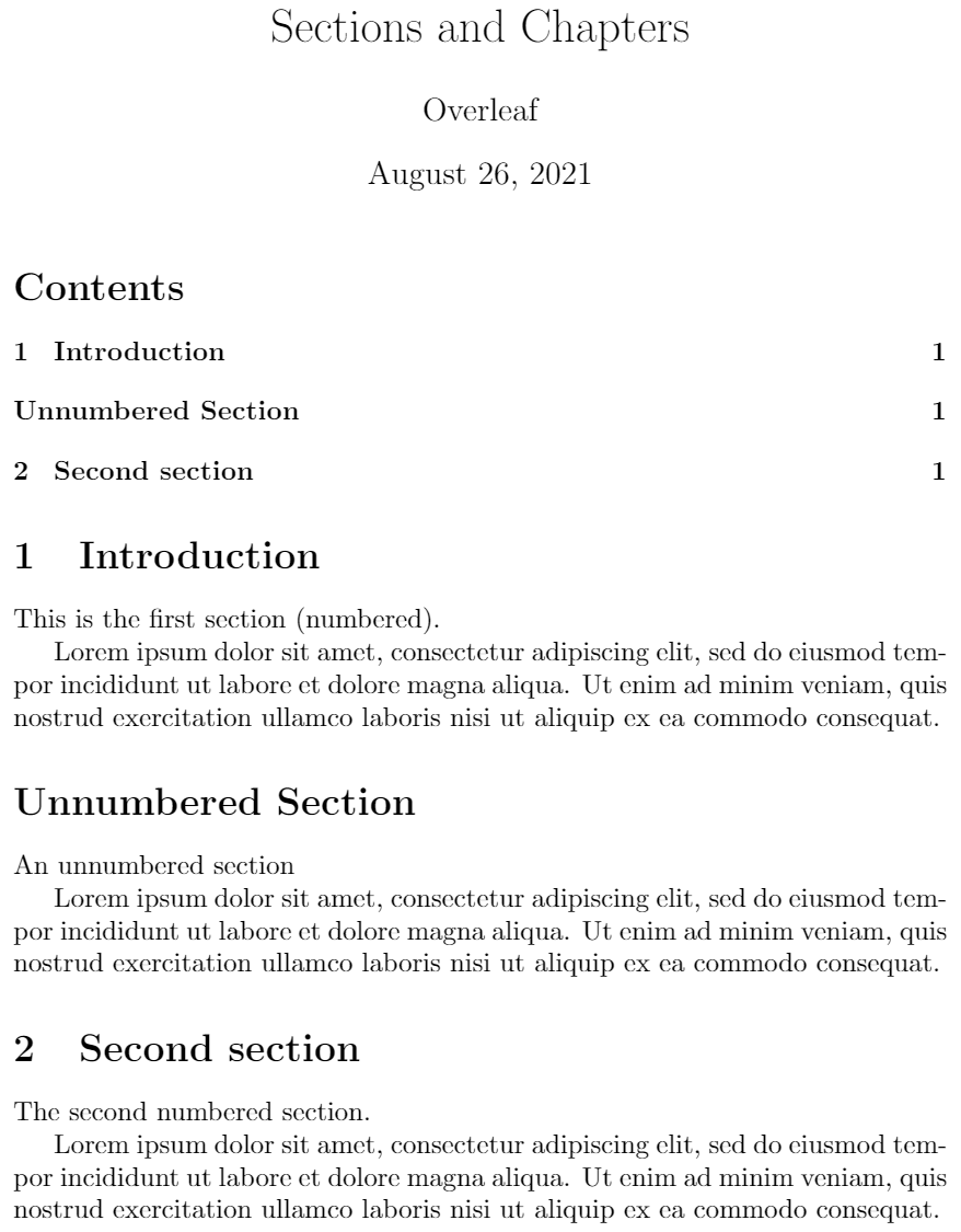 Unnumbered sections in the TOC