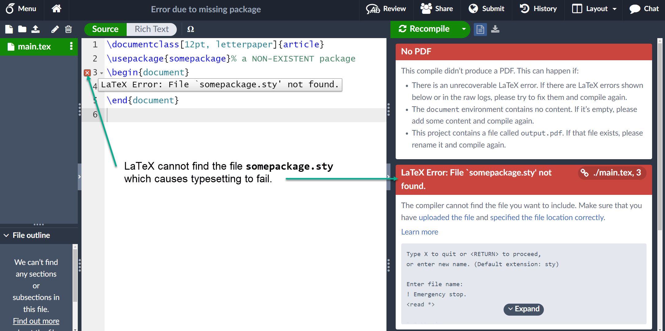 Image showing error causes by a missing package