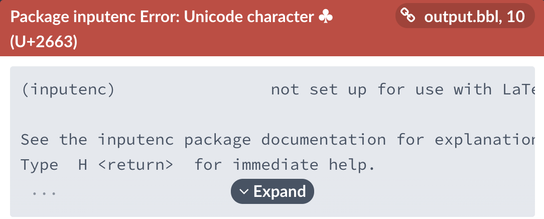 example error in an .bbl file due to unsupported unicode character in .bib file