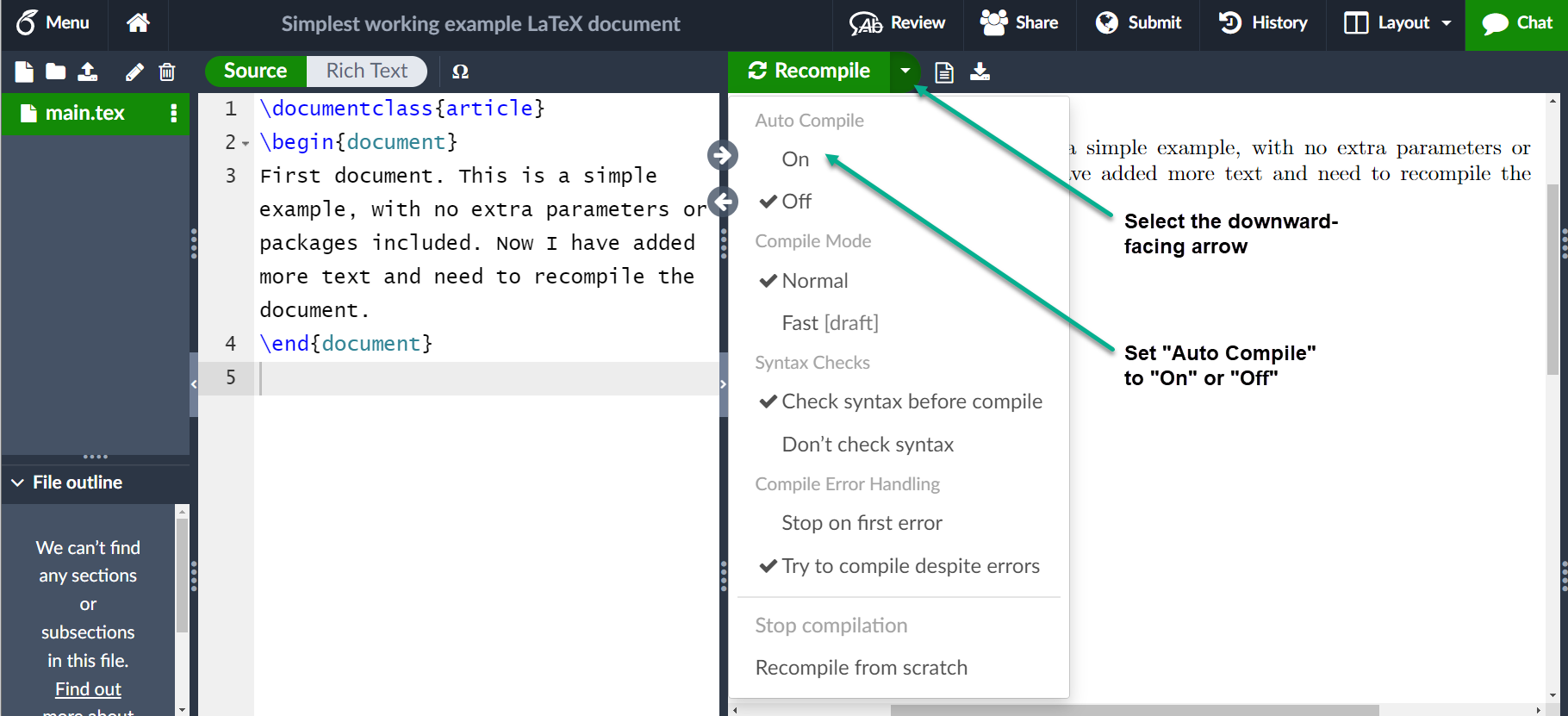 Screengrab showing how to set Auto Compile to On or Off