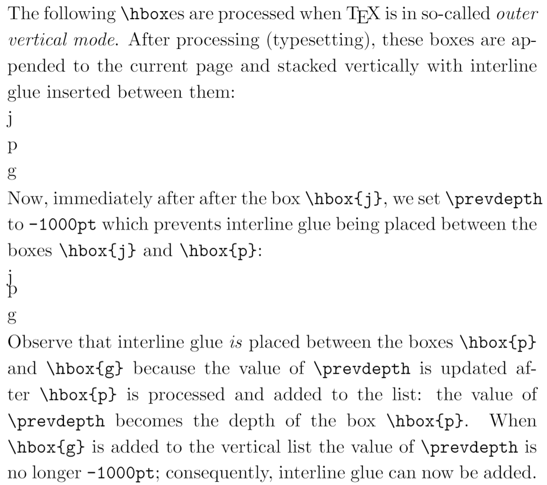 Example demonstrating of TeX’s parameter \prevdepth