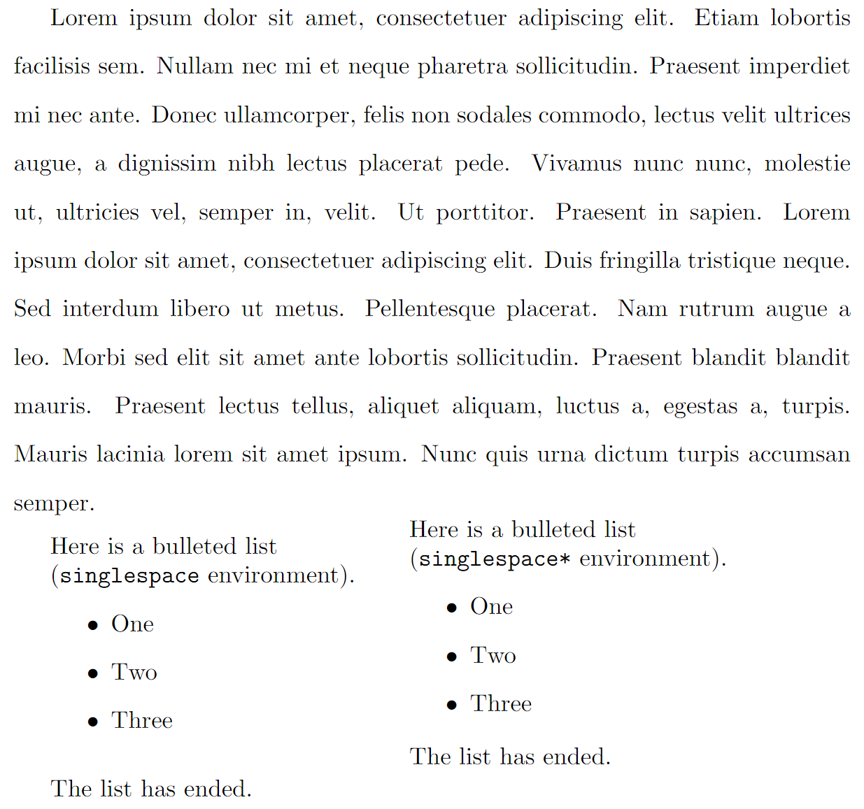 Example of the LaTeX singlespace* environment