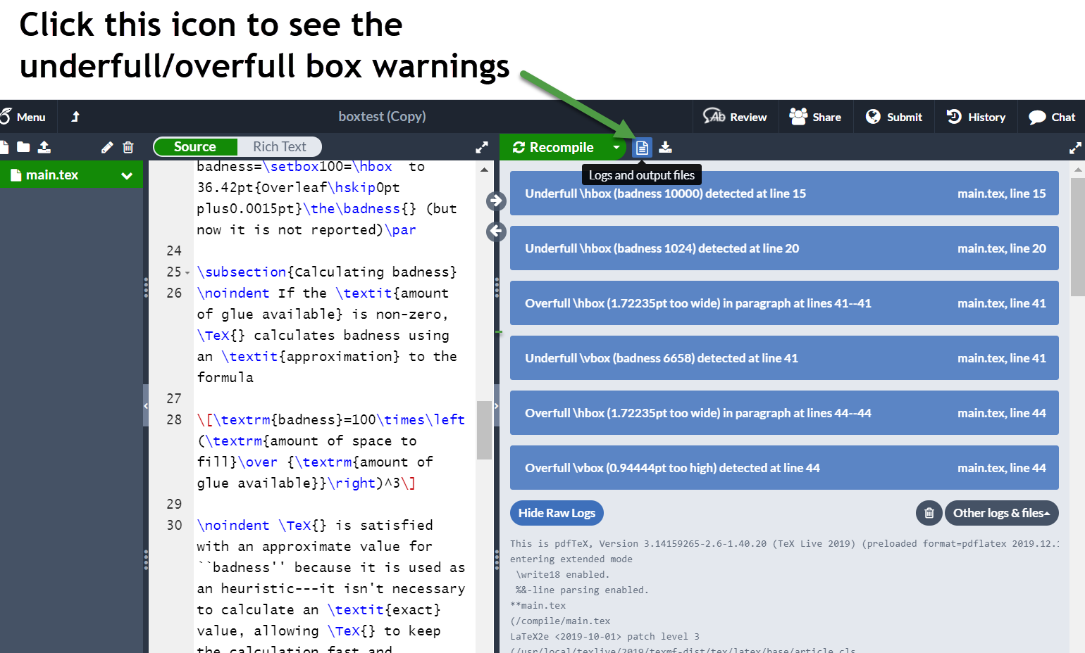 Screen image showing Overleaf reporting underfull or overfull boxes