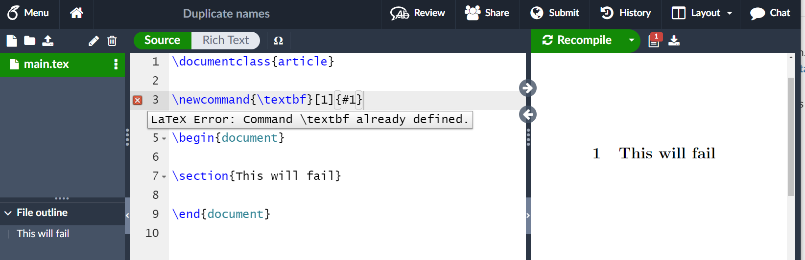 Error generated by duplicate LaTeX command definition