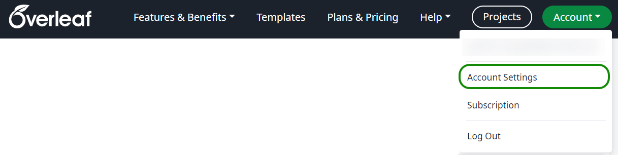 Image showing how to access Overleaf's account settings