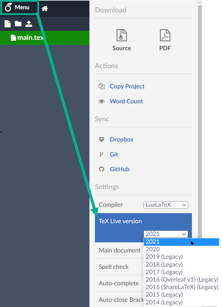 Choosing the Overleaf TeX Live version