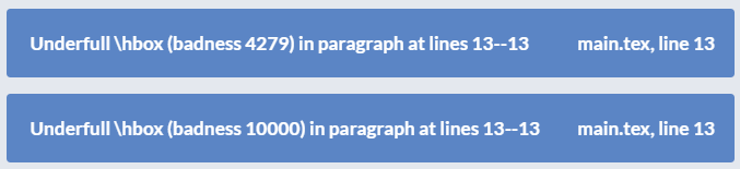 Screen image showing Overleaf reporting underfull boxes