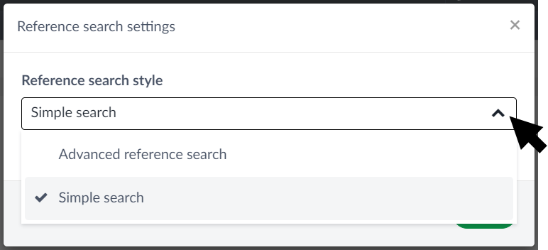 Overleaf's Reference search settings modal use to configure your search preferences